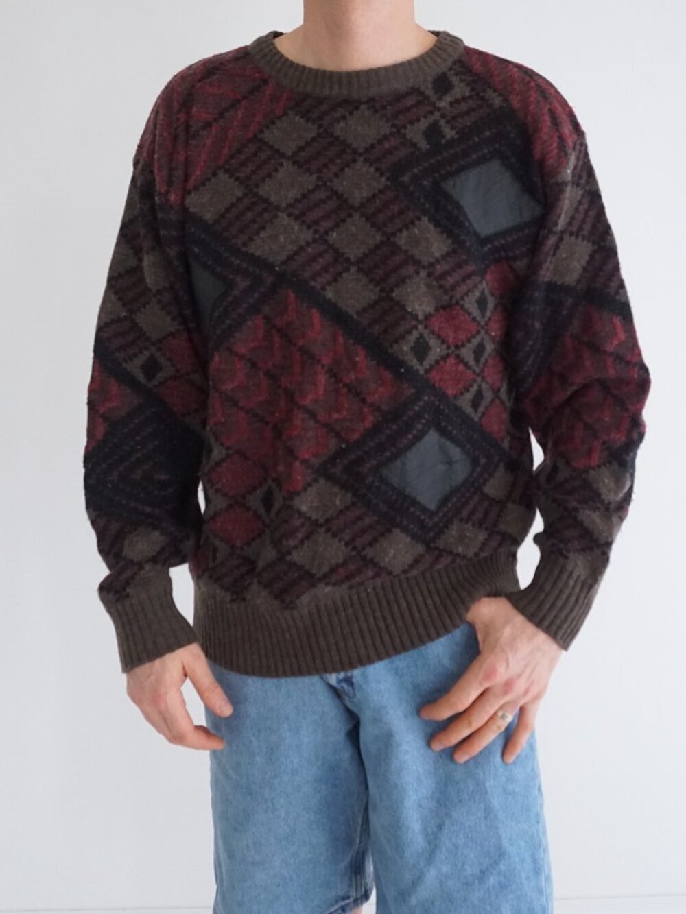 Vintage Cricketeer Brown Burgundy Argyle Country Club Leather Patch Sweater L